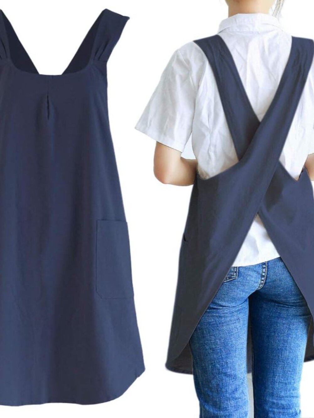 Japanese Cotton Linen Cross Back Cooking Apron for Women Men with Pockets Cute f